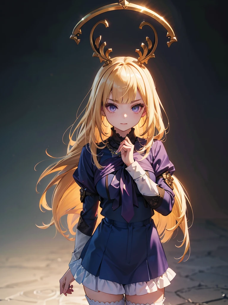 (Official Art、Highest quality、Unity 8k wallpaper、32K、masterpiece、Ultra-detailed、Ultra-high resolution、Realistic、Photorealistic:1.2)、(Cinema Lighting:1.2)、Mean face、Fierce eyes with red eyeliner、Cold Eyes、 Long eyelashes、Purple Eyes、 Fire Glow Effect、Film Grain、Best Shadow、Rim Light、Side light、Side Shot、(Highly detailed and intricate 3D rendering)、細部までBeautiful Faceと目、Sharp pupils、Realistic生徒、Slender、1men and women、Medium Bust、(whole body:1.2)、 Highly detailed background、Beautiful Face、Beautiful girl、(Highly detailed skin、Detailed skin texture:1.3)、(Half Blonde、Colorful Hair:1.3)、Blunt bangs、Purple Aijical girl costume、White shirt、Costumes with frills、Frilled Skirt、Knee socks、(Thighs Thighs Thighs Thighs:0.8)
