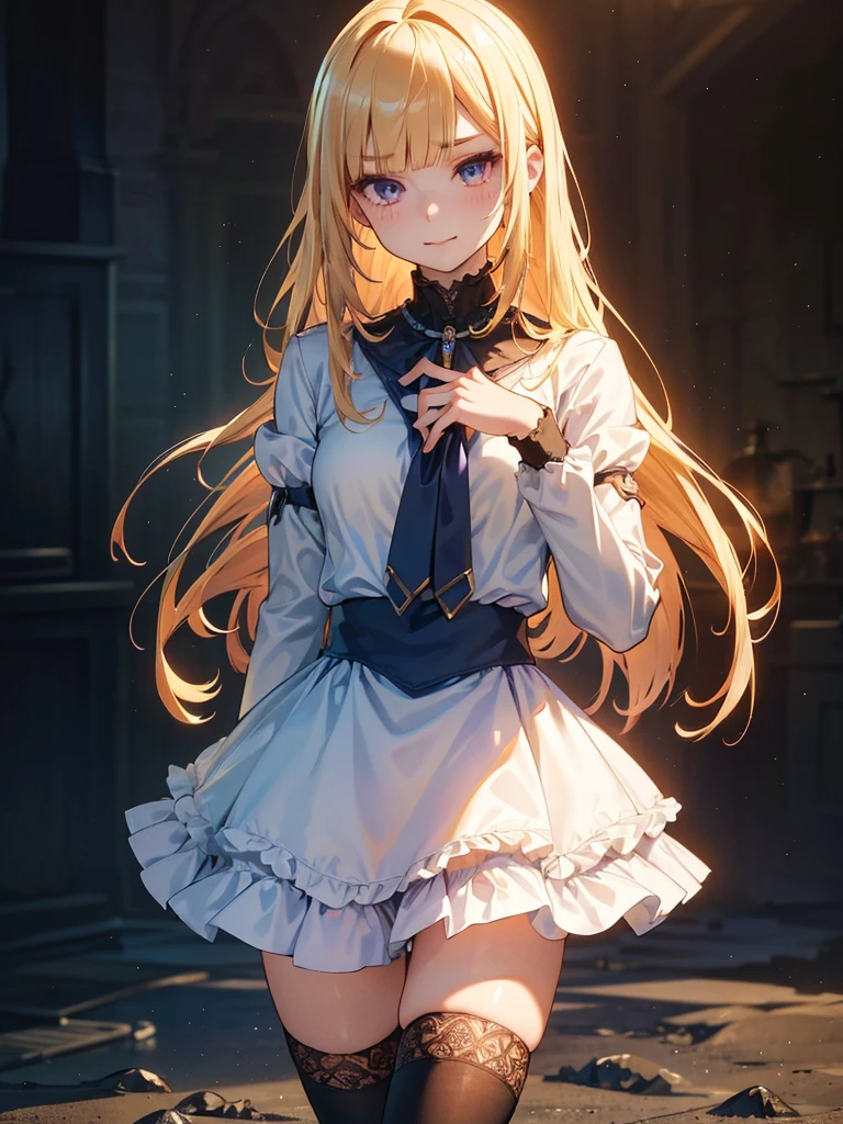 (Official Art、Highest quality、Unity 8k wallpaper、32K、masterpiece、Ultra-detailed、Ultra-high resolution、Realistic、Photorealistic:1.2)、(Cinema Lighting:1.2)、Mean face、Fierce eyes with red eyeliner、Cold Eyes、 Long eyelashes、Purple Eyes、 Fire Glow Effect、Film Grain、Best Shadow、Rim Light、Side light、Side Shot、(Highly detailed and intricate 3D rendering)、細部までBeautiful Faceと目、Sharp pupils、Realistic生徒、Slender、1men and women、Medium Bust、(whole body:1.2)、 Highly detailed background、Beautiful Face、Beautiful girl、(Highly detailed skin、Detailed skin texture:1.3)、(Half Blonde、Colorful Hair:1.3)、Blunt bangs、Purple Aijical girl costume、White shirt、Costumes with frills、Frilled Skirt、Knee socks、(Thighs Thighs Thighs Thighs:0.8)