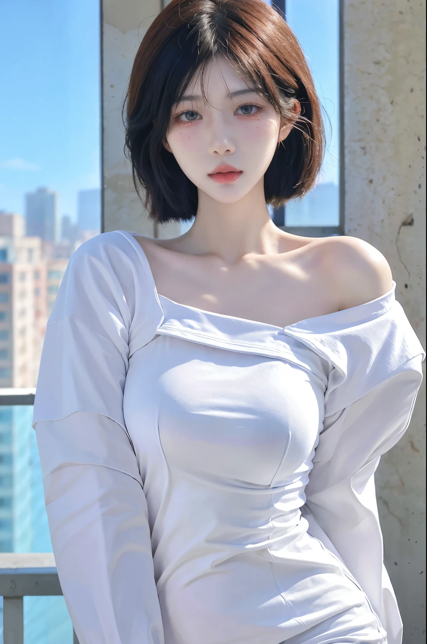 Beautiful woman with perfect figure:1.4，Ultra-high resolution，wear glasses，White background，（lifelike：1.4），Layered Hairstyle，White skin，Bikini:1.5，Super short pleated skirt，whole body，Very delicate face and skin texture，Double eyelids，Skin Whitening，short hair，White hair