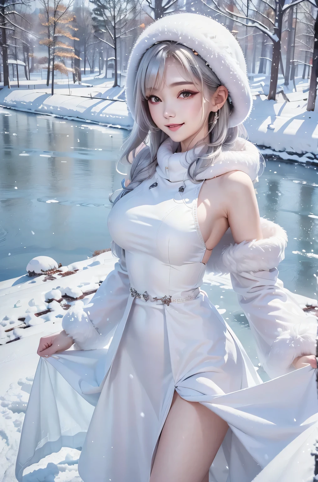 masterpiece、Highest quality、1 girl, winter, silver hair, Cute girl, smile, close mouse, large breasts, sideboob:1.4, white dress, winter clothes, long skirt, Fur coat、Small waist、Thin legs、outdoors, front of the lake, snow falling, Prayer Pose, join hands, from front