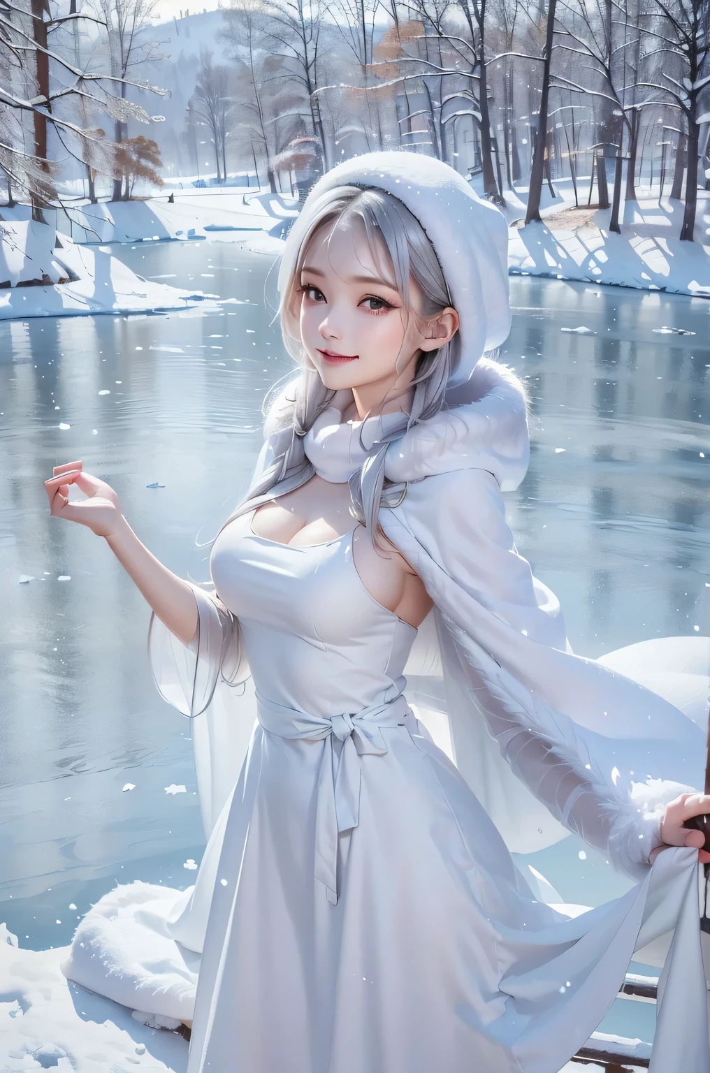 masterpiece、Highest quality、1 girl, winter, silver hair, Cute girl, smile, close mouse, large breasts, sideboob:1.4, white dress, winter clothes, long skirt, Fur coat、Small waist、Thin legs、outdoors, front of the lake, snow falling, Prayer Pose, join hands, from front
