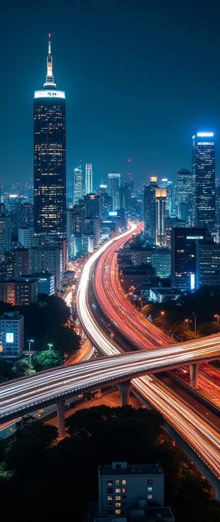(light trail photography:2.0),Tokyo,Skyscraper,Metropolitan Expressway,(Highway intersection:2.0),night,Aircraft shooting from the air,Beautiful afterimage of light,masterpiece,best quality,Ultra-high resolution,Very detailed,8K,Practical,Best aesthetics
