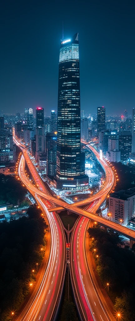 (light trail photography:2.0),Tokyo,Skyscraper,Metropolitan Expressway,(Highway intersection:2.0),night,Aircraft shooting from the air,Beautiful afterimage of light,masterpiece,best quality,Ultra-high resolution,Very detailed,8K,Practical,Best aesthetics