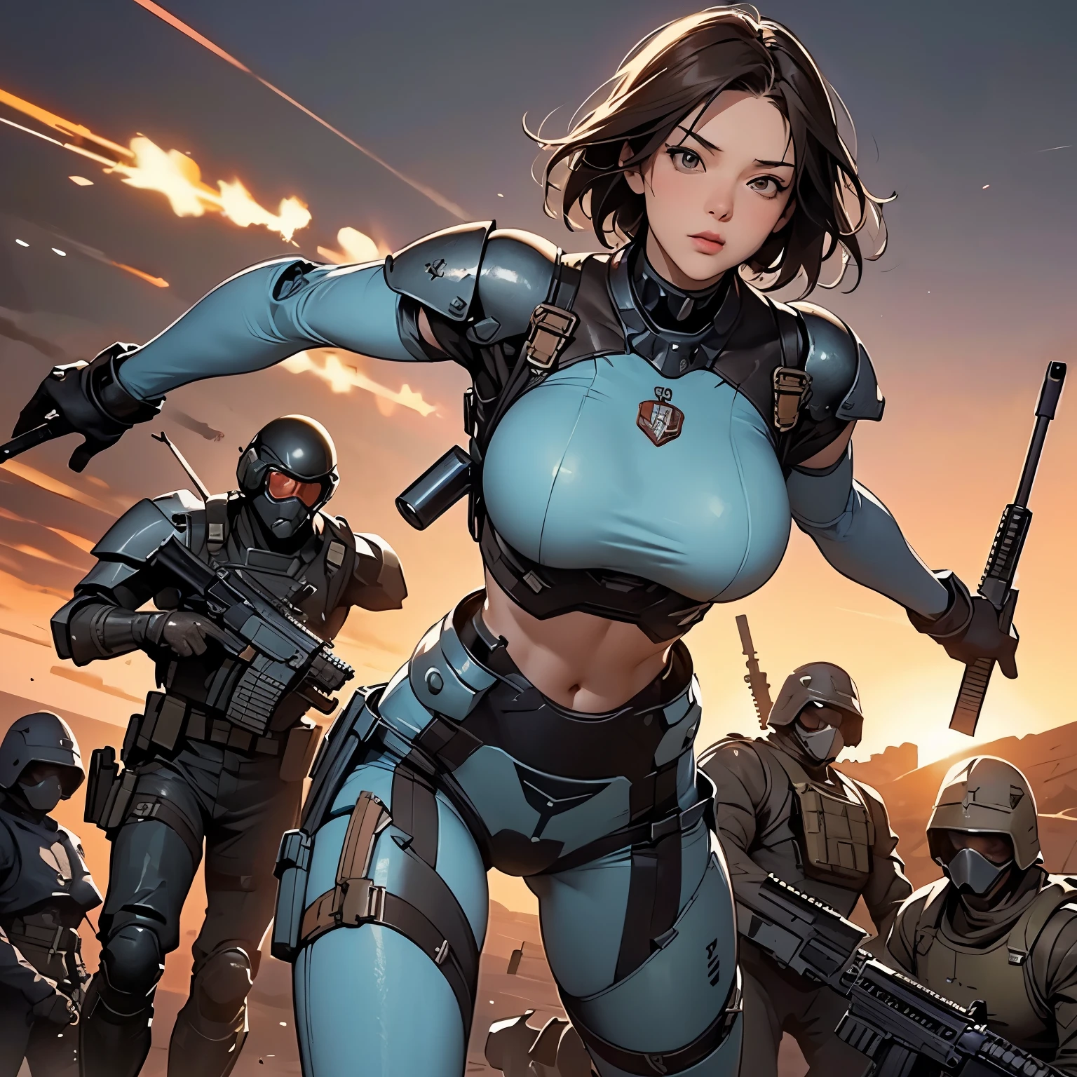 nsfw, anime screencap, 16K, perfect anatomy proportion body, perfect hands, action, A dynamic composition with a sense of speed and movement, (Hold an assault rifle:1.6), a wife, 40age, perfect beautiful delicate sexy face, perfect beautiful delicate eyes, brown hair, short bob hair, gigantic tits, abs, Elaborate chainmail-clad, heavily armored steam-powered, midriff-baring powered suit, Many robot soldiers having a gunfight in the background, Flying bullets, Desert Battlefield, war, Post-apocalyptic,