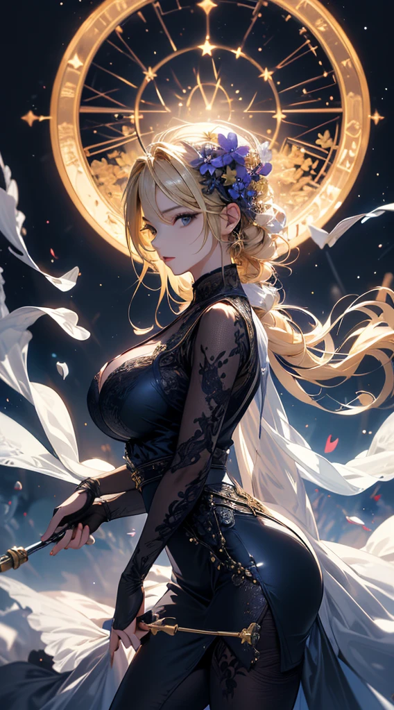 masterpiece, high quality, 4K, Beautiful design, silhouette,blonde, 非常に詳細な夜のStarry Sky,Flower Field, wonderful, Finer details, Very knowledgeable woman, Highly detailed solo, 1 female,Big Breasts,Tight Dress,Night view,Starry Sky,full moon,