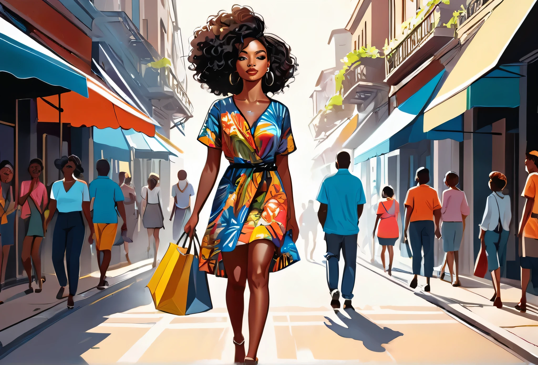 A black woman, casual dress walking,
 (masterpiece best quality:1.2) delicate illustration ultra-detailed, illustrations, bright, colourful, 