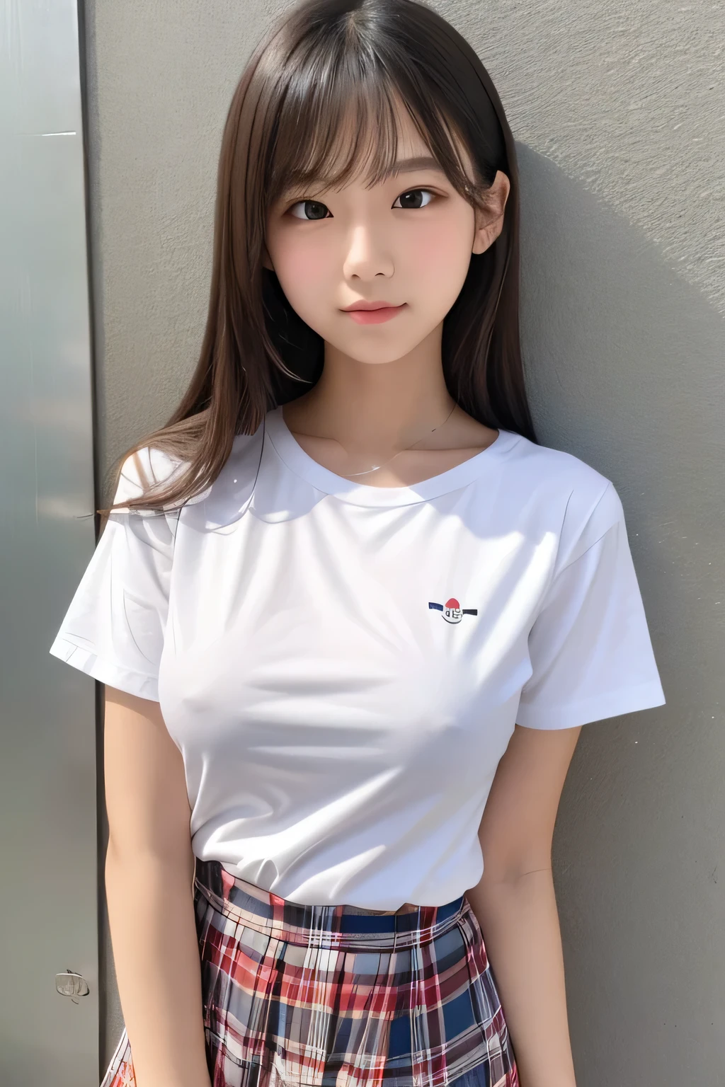 high school girl, cute, Medium Bust, White T-shirt, Very good