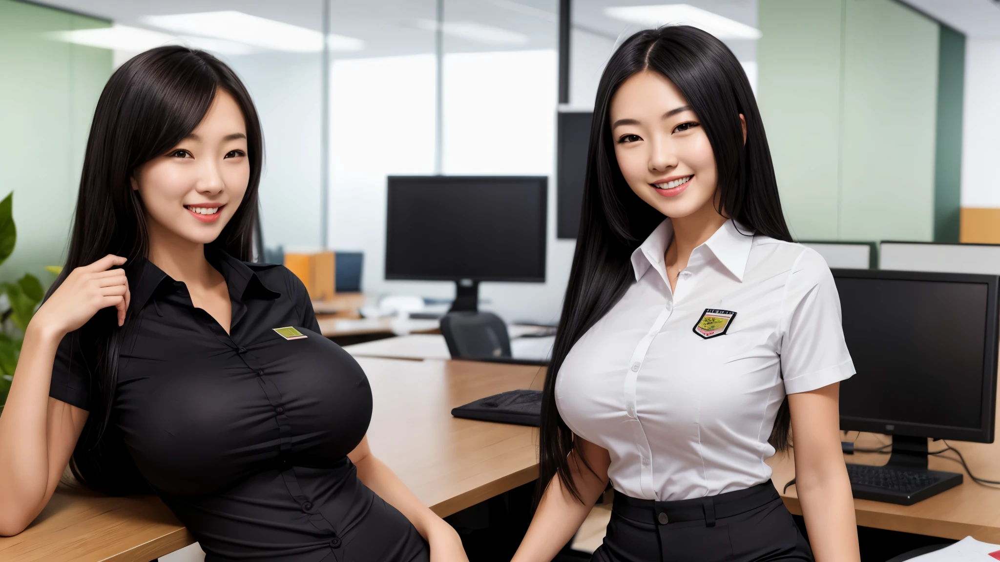 masterpiece, 2girls, smile, office secretary uniform, huge breasts, solo, light smile, shirt, black shirt, skintight uniform, black skintight pants, very long hair, black hair, shirtlift