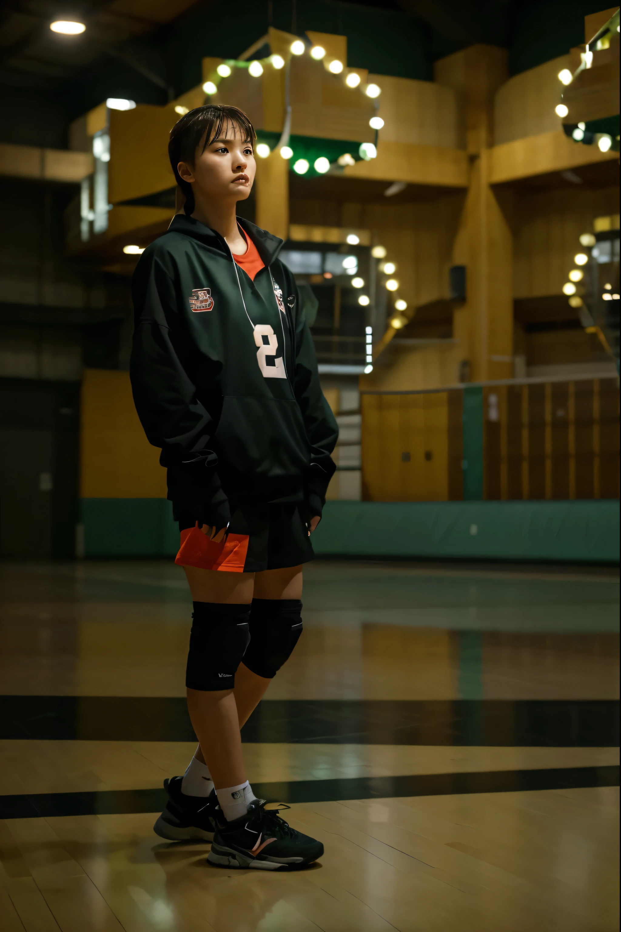 (Best quality, 8k, 32k, Masterpiece, UHD:1.2) "Transform the setting into the Miyagi Prefectural Gymnasium from Haikyuu!!. The scene should depict a large, indoor volleyball arena with polished wooden floors, tall bleachers lining the sides, and banners of various high school teams hanging from the rafters. The gym is well-lit by overhead lights, casting bright reflections on the court. The court markings for volleyball should be clearly visible, with the familiar green and red poles holding up the net in the center. The ambiance should evoke the intense atmosphere of a high-stakes volleyball match, with all focus on the court itself."