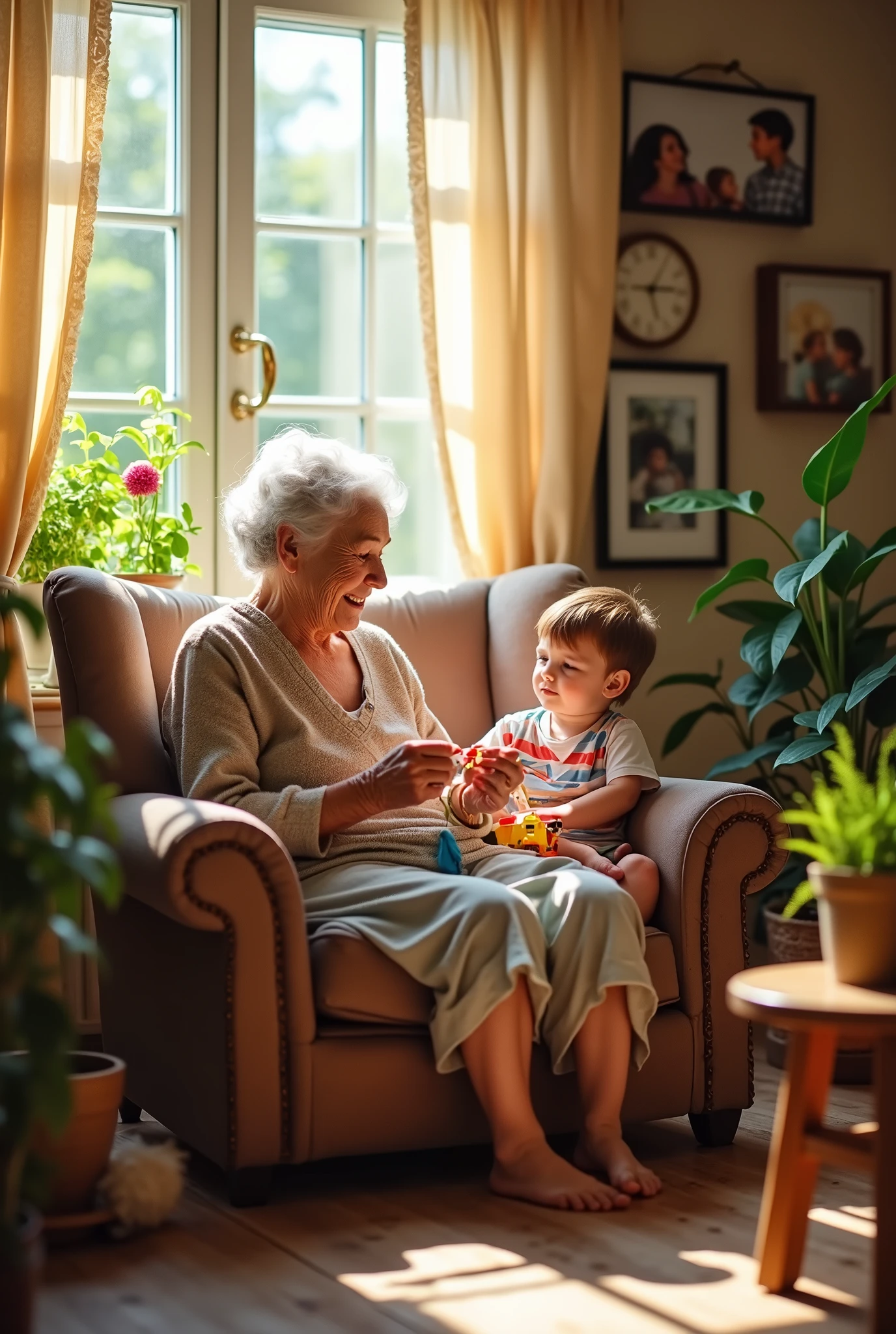 Old grandmother and son