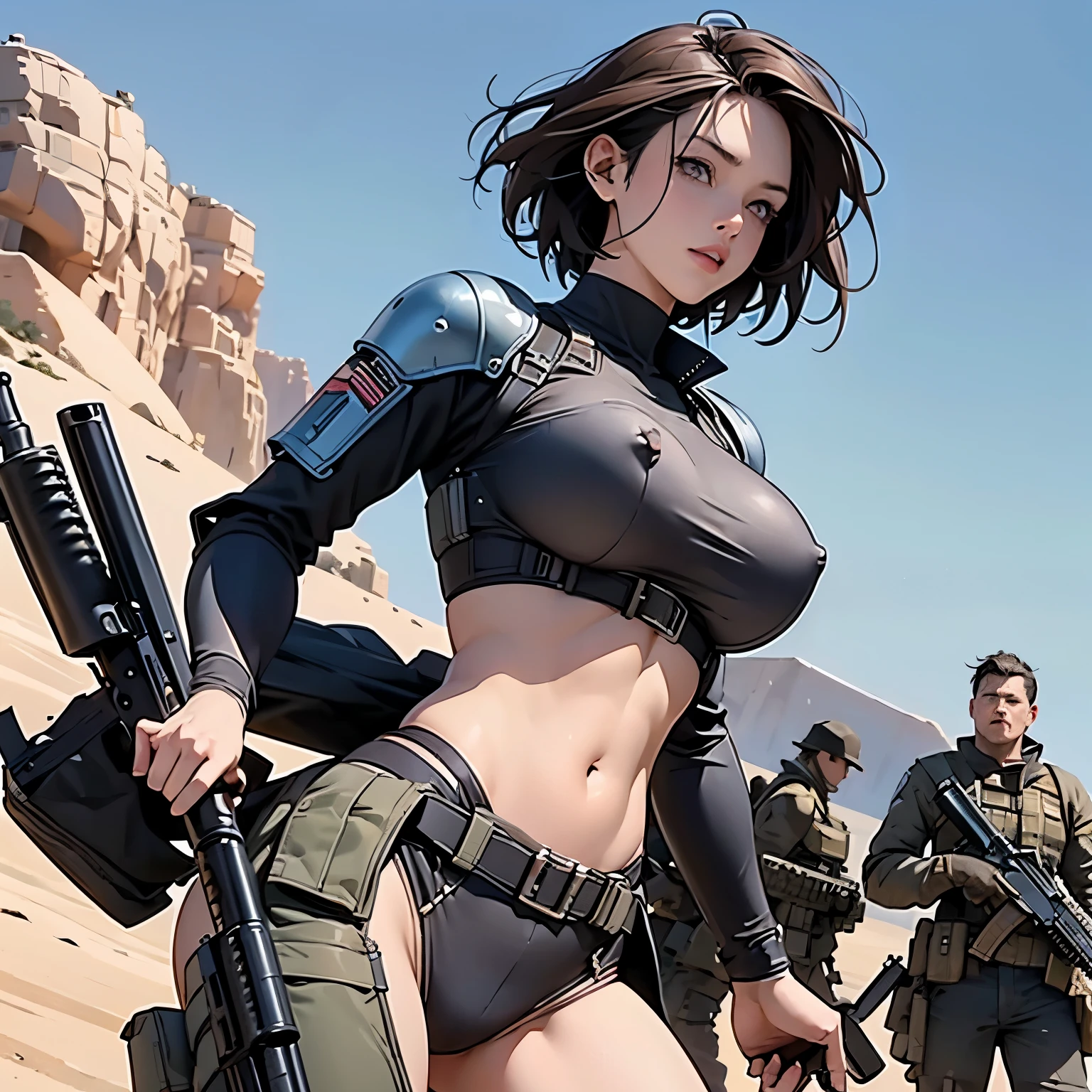 nsfw, anime screencap, 16K, perfect anatomy proportion body, perfect hands, action, A dynamic composition with a sense of speed and movement, (Hold an assault rifle:1.6), a wife, 40age, perfect beautiful delicate sexy face, perfect beautiful delicate eyes, brown hair, short bob hair, gigantic tits, abs, Elaborate chainmail-clad, heavily armored steam-powered, midriff-baring powered suit, Many robot soldiers having a gunfight in the background, Flying bullets, Desert Battlefield, war, Post-apocalyptic,