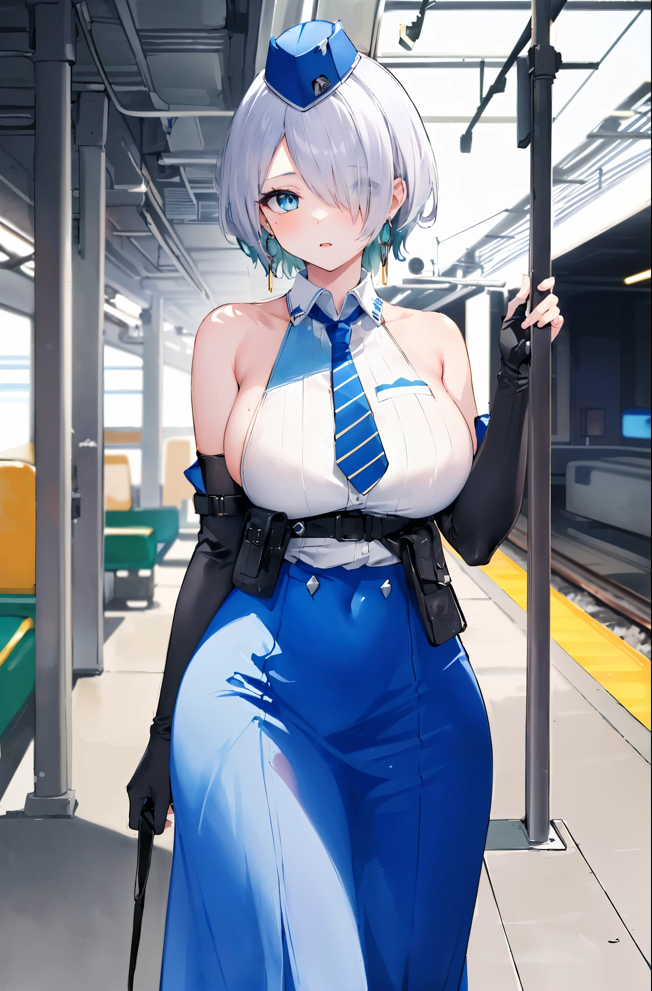 (masterpiece, best quality, ultra detailed, absurdres:1.5), 1girl, (sexy, beautiful woman, perfect face, perfect eyes, perfect female body, large breasts:1.5), (nikkebrid, white hair, low ponytail, hair over one eye, earrings, garrison cap, sleeveless shirt, long skirt, blue necktie, belt pouch, elbow gloves, high heel boots, ), (standing, indoors, future_train_landscape,future_station), perfect lighting, smooth, hdr