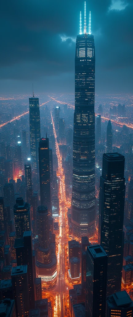 Future cities from the sky:1.5,night,beautifulnight景,Flying spaceship,Skyscraper,masterpiece,best quality,Ultra-high resolution,(Very detailed:1.2),8K,Practical,Best aesthetics,beautiful