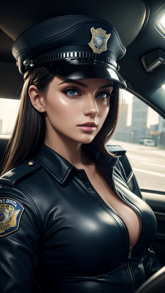 a sexy policewoman in lingerie in a police car, beautiful detailed eyes, beautiful detailed lips, extremely detailed eyes and face, long eyelashes, realistic, photorealistic, photo-realistic:1.37, best quality,4k,8k,highres,masterpiece:1.2,ultra-detailed,vivid colors,studio lighting,professional,highly detailed portrait,beautiful woman,police uniform,police car,bright colors,dramatic lighting,cinematic,hyperrealistic,intricate details