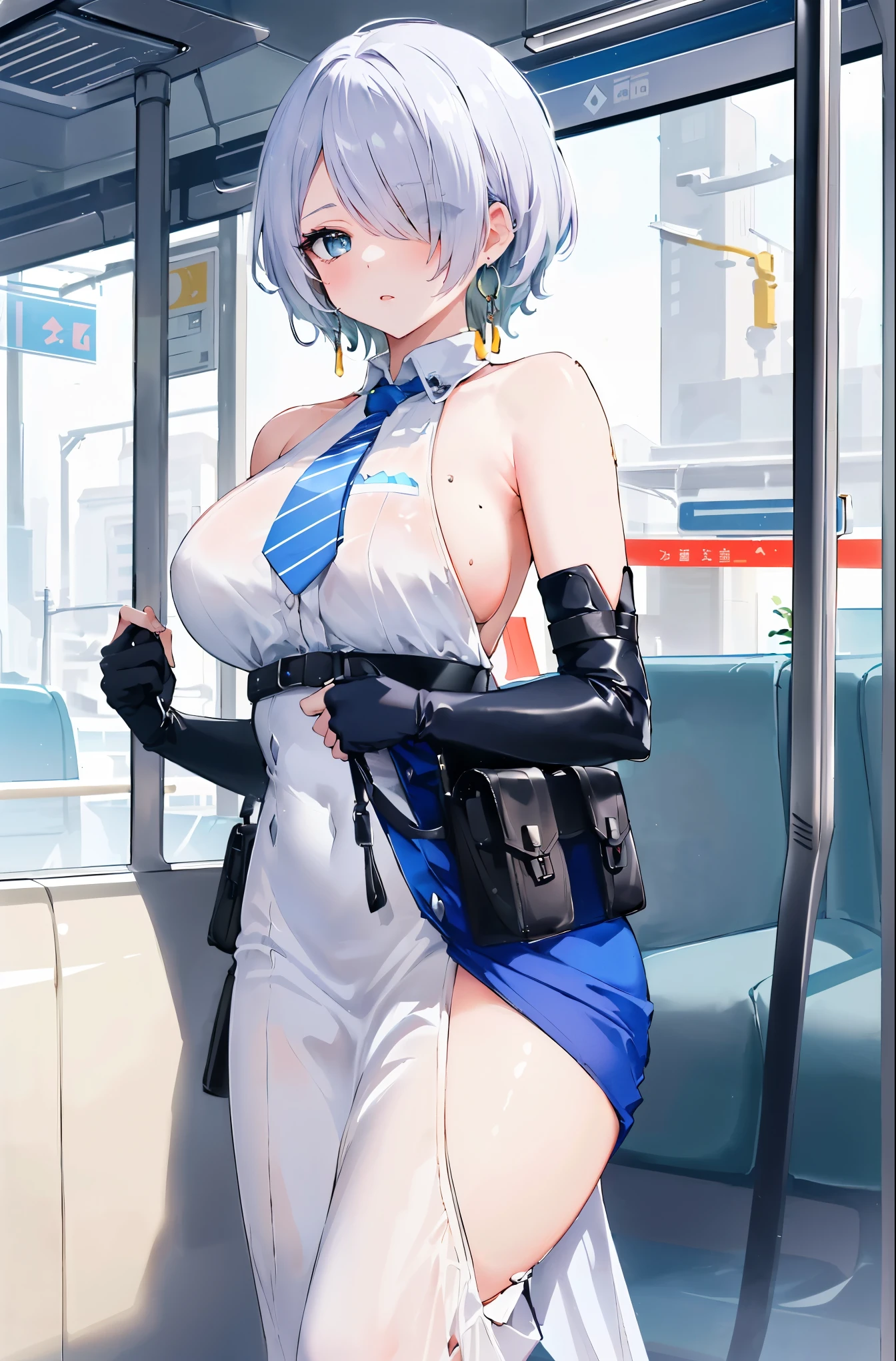 (masterpiece, best quality, ultra detailed, absurdres:1.5), 1girl, (sexy, beautiful woman, perfect face, perfect eyes, perfect female body, large breasts:1.5), (nikkebrid, white hair, low ponytail, hair over one eye, earrings, garrison cap, sleeveless shirt, long skirt, blue necktie, belt pouch, elbow gloves, high heel boots, ), (standing, indoors, future_train_landscape,future_station), perfect lighting, smooth, hdr