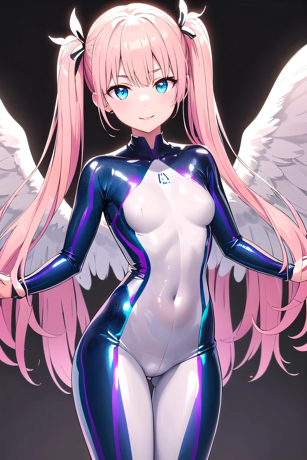 (Angelic Very beautiful cute girl),
Beautiful detailed eyes, 
Detailed double eyelids,
(Cute eyes),
Light pink long hair、Sharp focus on the chest of the twintails, adorable smile beautiful detailed face and eyes, 
drooping eyes,BREAK  
(Super Gloss Metallic Coral Yellow Transparent Holographic Suit:1.2), (Super Tight Fit Holographic Suit、Superreflective surface:1.5),
(Super Tight Fit Holographic Suit:1.5) ,
(Super Reflective Holographic Suit:1.3),
small nose,(medium breasts:1.3),
Beautiful legs,
(Best Quality:1.2),
Raw photo, 
High resolution, 
perfect  detail, 
Professional Photography, 
Professional Lighting,
Strong lighting of the bodysuit ,Long leg、white background
