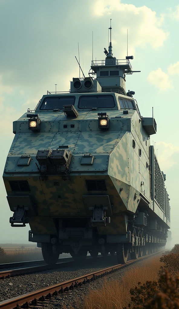 Rail Cruiser Lv 7, Mobile Fortress Armored Train Lv 7, Extended Locomotive，Side Protected Lv 8, Tier 9 Tank Equipped with Long-Range Heavy Artillery and Self-Defense Guns, Land Battleship Lv 9, German Modernist Design Lv 9, Camouflage Paint Lv 7, Escort Troops on Guard Wagon Lv 8, Movie, dramatic, masterpiece, (Original Quality Rating 9) Aerial View, 75º Top View, Dynamic View, whole body,