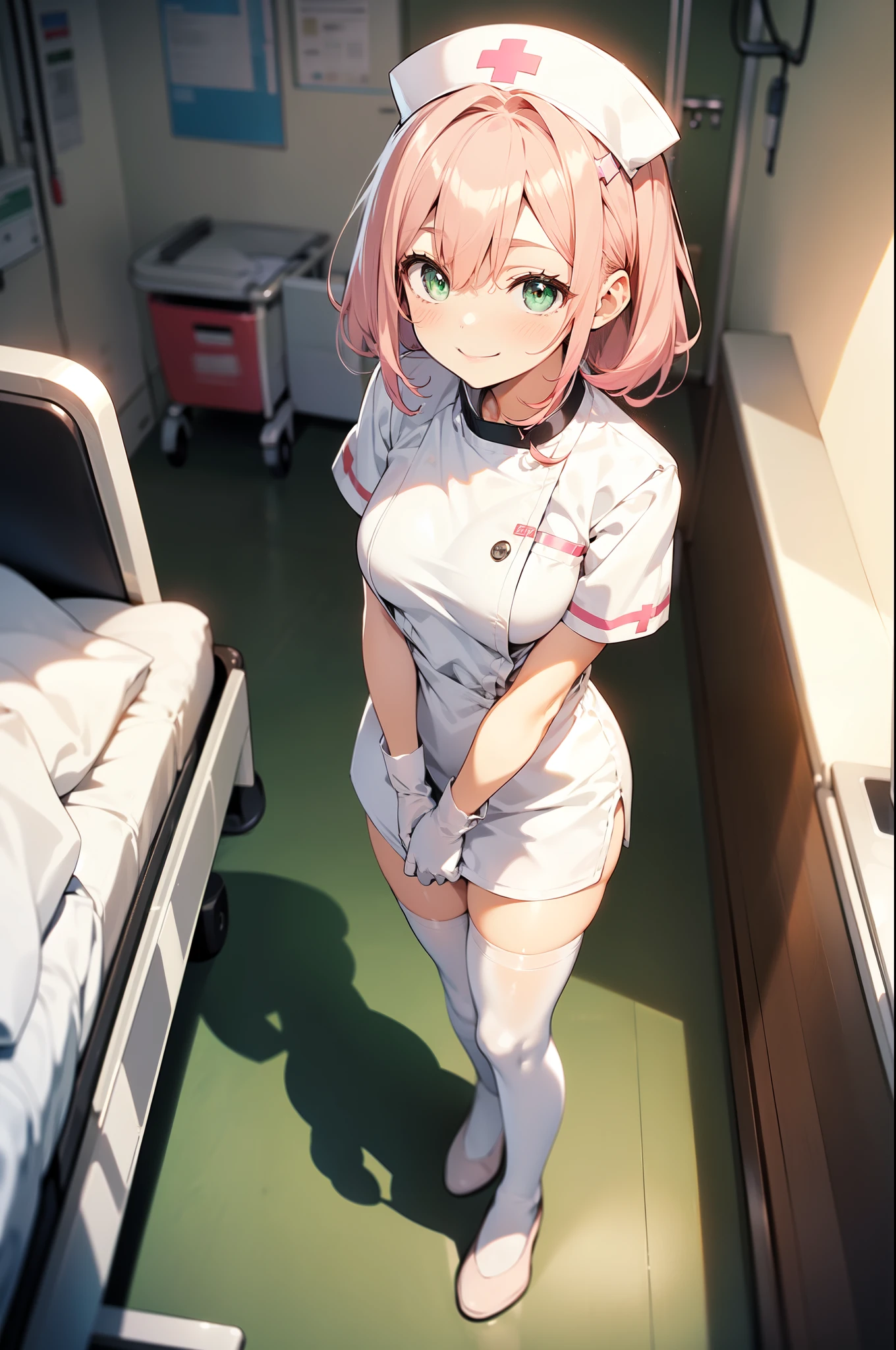 1girl, solo, nurse, white nurse cap, white nurse uniform, ((white legwear, zettai ryouiki)), white gloves, pink hair, green eyes, drooping eyes, smile, standing, ((hospital room)), sharp outline, short sleeves, best quality, masterpiece