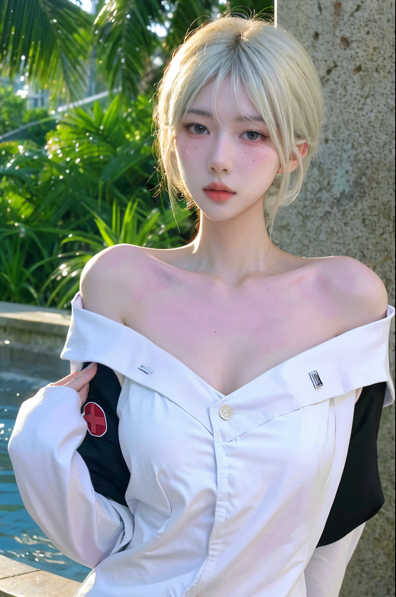 Beautiful woman with perfect figure:1.4,Sun background,ID photo,Layered hairstyle,White skin,Cleavage highlights,Nurse Clothing,whole body,The face and skin are very delicate.,Double eyelids,Skin Whitening,White hair