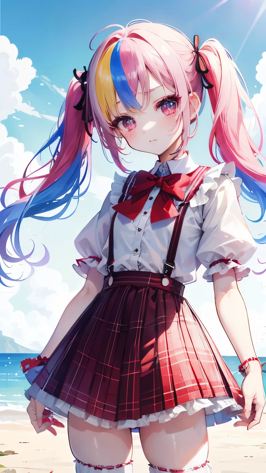 Very cute girl (), rainbow-colored pigtails, round eyes, short eyebrows, short eyelashes, slightly upturned lips, small red tartan check shoulder strap one-piece skirt, white zettai ryoiki knee-high socks, zettai ryoiki, sunny day, blue sky, country road, faint smile, cheerful,