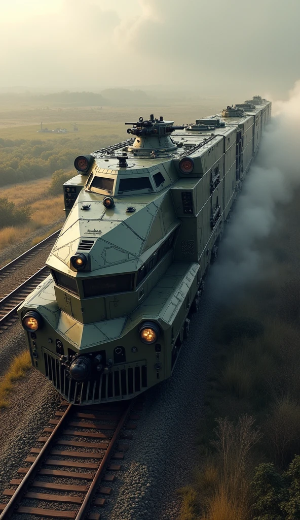 Rail Cruiser Lv 7, Mobile Fortress Armored Train Lv 7, Extended Locomotive，Side Protected Lv 8, Tier 9 Tank Equipped with Long-Range Heavy Artillery and Self-Defense Guns, Land Battleship Lv 9, German Modernist Design Lv 9, Camouflage Paint Lv 7, Escort Troops on Guard Wagon Lv 8, Movie, dramatic, masterpiece, (Original Quality Rating 9) Aerial View, 75º Top View, Dynamic View, whole body,