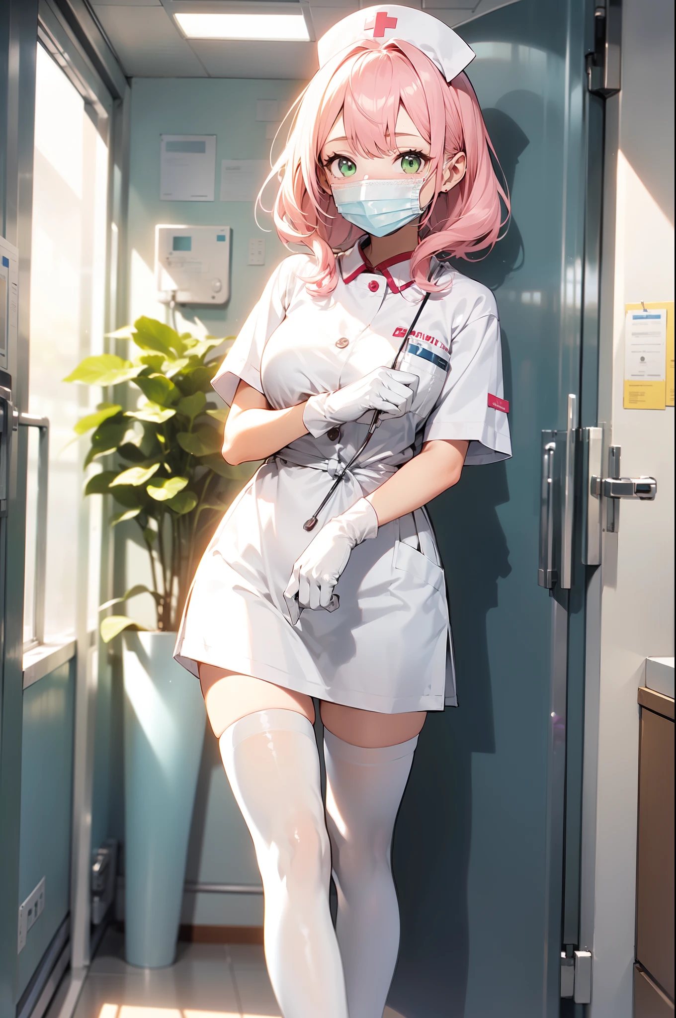 1girl, solo, nurse, white nurse cap, white nurse uniform, ((white legwear, zettai ryouiki)), white gloves, pink hair, green eyes, drooping eyes, ((white surgical mask, covered nose)), standing, ((hospital room)), sharp outline, short sleeves, best quality, masterpiece