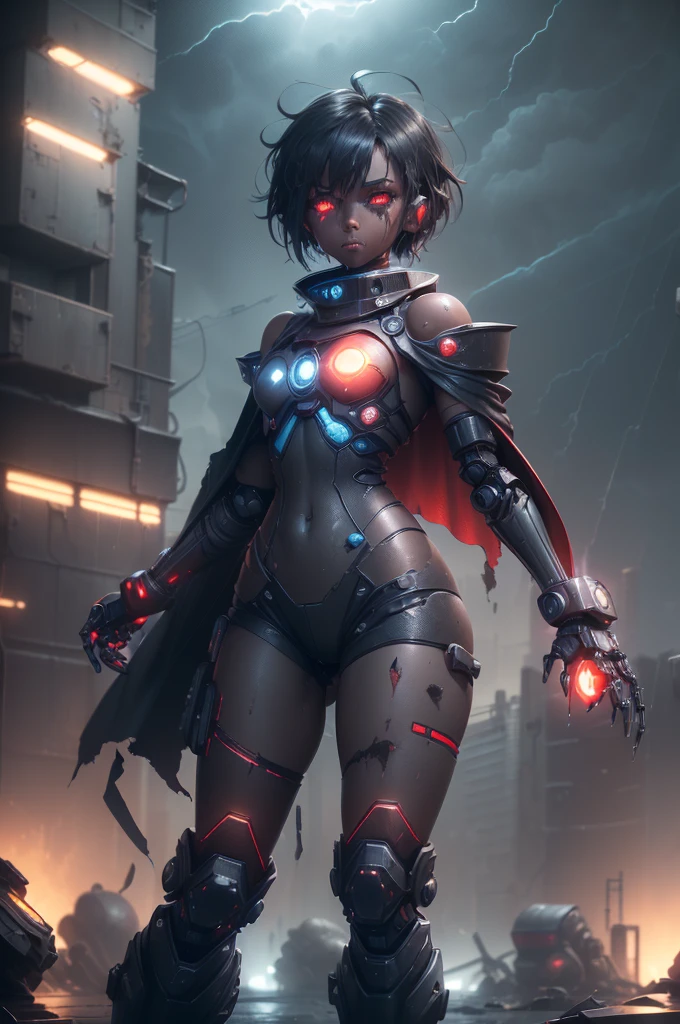 1girl, Female robot, superheroine, (((damaged android girl))), (((rusted))), burned, (((battle damage))), ((((mising left arm)))), (((exposed endoskeleton)), teenager, (((black with red accents extremely damage robotic cyber armor))), (blue ripped cape), (red shinning core in the chest), (black mechanic gloves), (Black armored boots), (((dark skin))), (shinning red eyes), ((((missing right eye)))), ((messy and dirty gray short shoulder length hair)), wide hips, thick thighs, narrow waist, ((standing)), ((futuristic scrapyard background)), (((at night))), (((rainning))), (((storm))), (((only one character))), (((alone))), (((solo)))