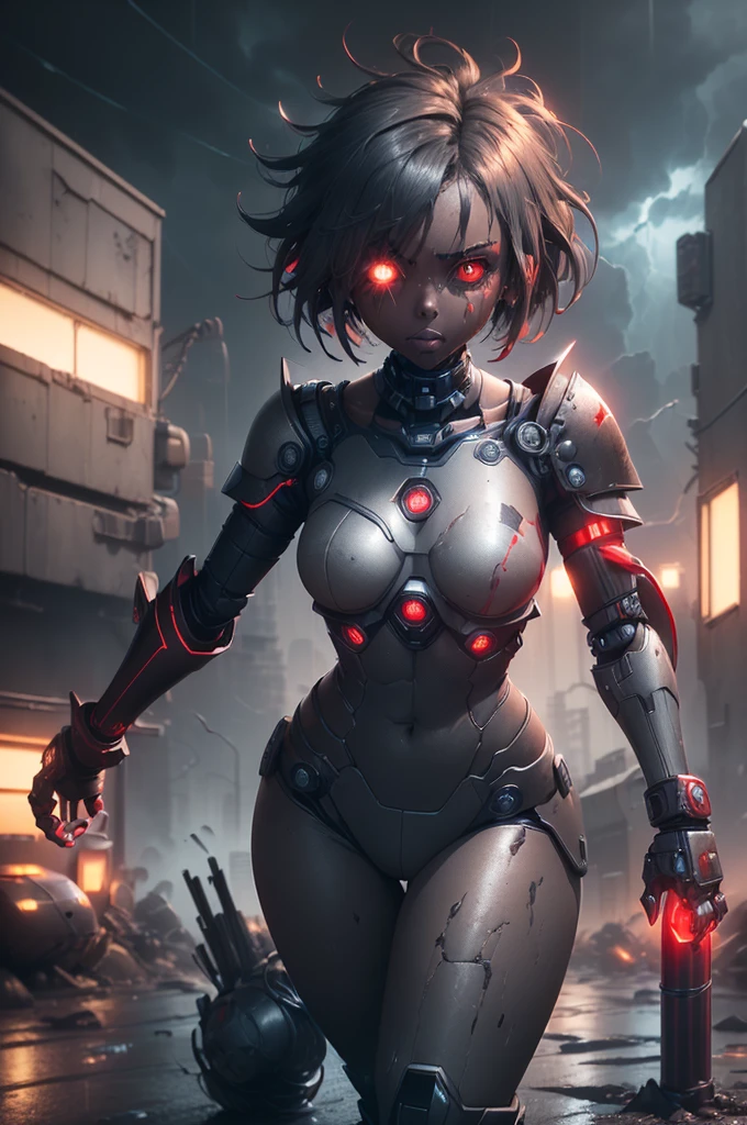 1girl, Female robot, superheroine, (((damaged android girl))), (((rusted))), burned, (((battle damage))), ((((mising left arm)))), (((exposed endoskeleton)), teenager, (((black with red accents extremely damage robotic cyber armor))), (blue ripped cape), (red shinning core in the chest), (black mechanic gloves), (Black armored boots), (((dark skin))), (shinning red eyes), ((((missing right eye)))), ((messy and dirty gray short shoulder length hair)), wide hips, thick thighs, narrow waist, ((standing)), ((futuristic scrapyard background)), (((at night))), (((rainning))), (((storm))), (((only one character))), (((alone))), (((solo)))