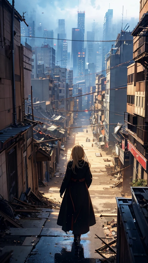 1people々々々々々々,Blonde long-haired woman,Long coat, Dress Silhouette, Rear View, Anime Style, I saw the city covered in rubble from the rooftop.,Countless missiles covering the sky,