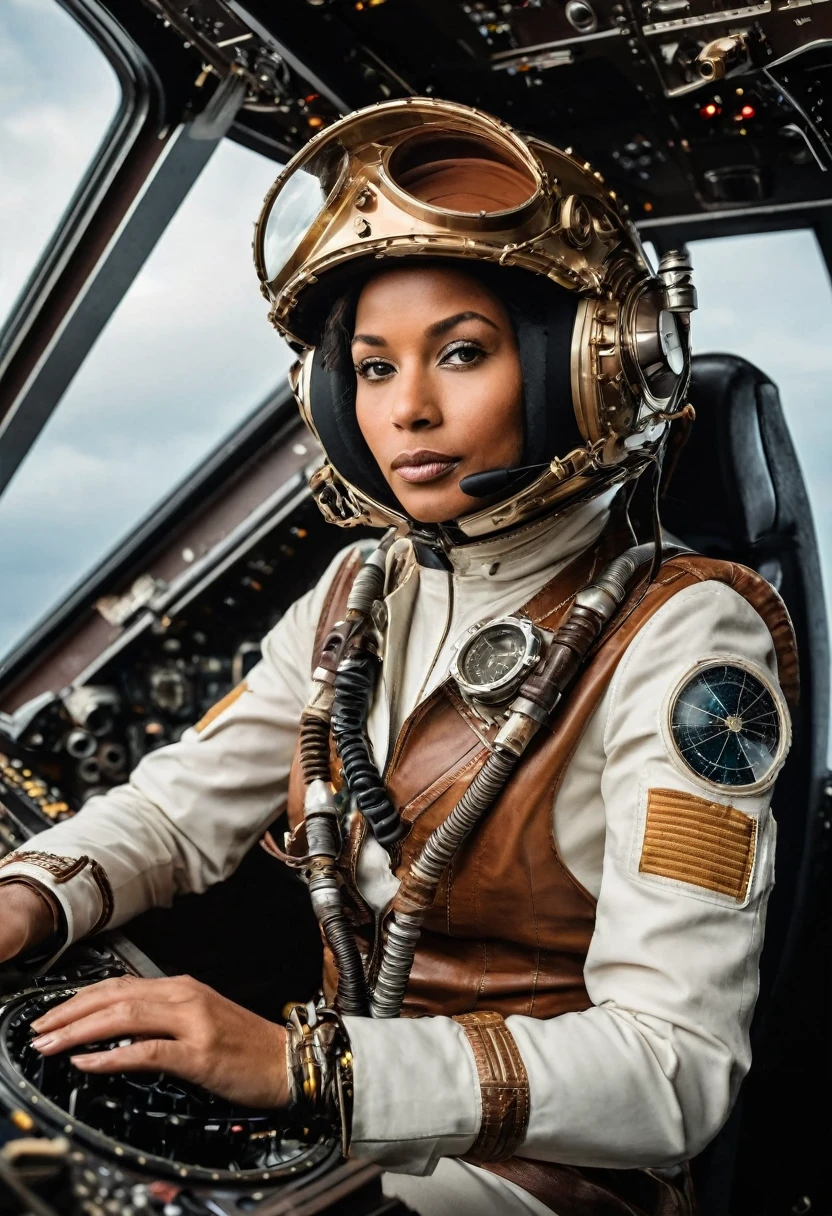 une pilote extraterrestre expérimentée à l'intérieur d'un cockpit futuriste. La femme, vêtue d'une combinaison spatiale de couleur marron, arbore un casque de pilote avec des détails métalliques brillants d'influence steampunk. Ambiance sombre et surannée, son expression est concentrée et déterminée, soulignant son rôle de pilote de vaisseau spatial, elle nous regarde. Le cockpit est richement détaillé avec des commandes, des écrans et des jauges complexes qui démontrent un environnement de haute technologie et vieillot a la fois. À travers la verrière du cockpit, un espace sombre et mystérieux se révèle avec des planètes lointaines et une sorte d'orage cosmique, renforçant l'atmosphère d'aventure interstellaire. L'éclairage de la scène est doux mais suffisamment accentué pour montrer les textures et les détails des matériaux, à la fois sur la combinaison et sur les surfaces du cockpit.