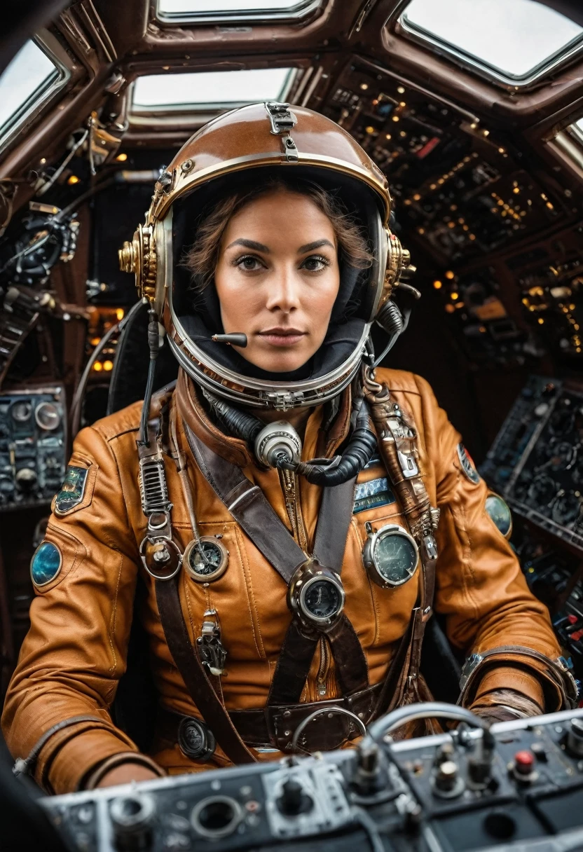 une pilote extraterrestre expérimentée à l'intérieur d'un cockpit futuriste. La femme, vêtue d'une combinaison spatiale de couleur marron, arbore un casque de pilote avec des détails métalliques brillants d'influence steampunk. Ambiance sombre et surannée, son expression est concentrée et déterminée, soulignant son rôle de pilote de vaisseau spatial, elle nous regarde. Le cockpit est richement détaillé avec des commandes, des écrans et des jauges complexes qui démontrent un environnement de haute technologie et vieillot a la fois. À travers la verrière du cockpit, un espace sombre et mystérieux se révèle avec des planètes lointaines et une sorte d'orage cosmique, renforçant l'atmosphère d'aventure interstellaire. L'éclairage de la scène est doux mais suffisamment accentué pour montrer les textures et les détails des matériaux, à la fois sur la combinaison et sur les surfaces du cockpit.