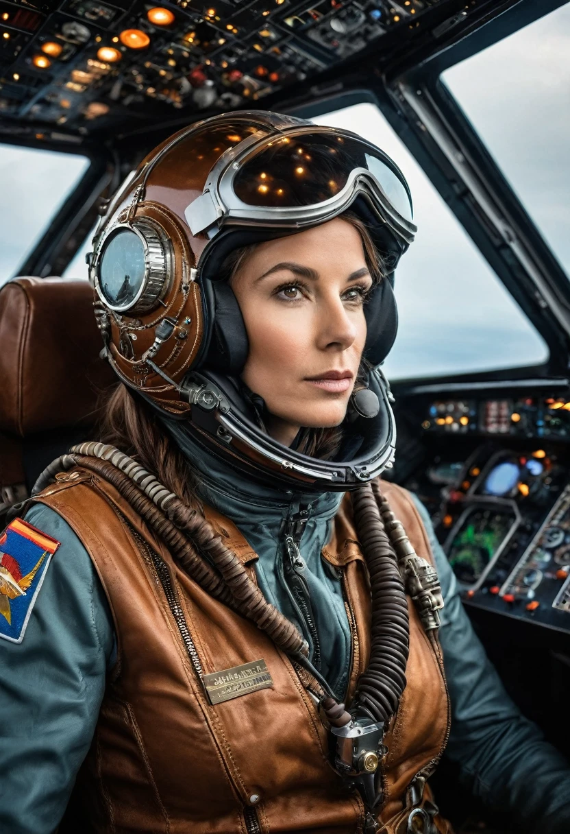 une pilote extraterrestre expérimentée à l'intérieur d'un cockpit futuriste. La femme, vêtue d'une combinaison spatiale de couleur marron, arbore un casque de pilote avec des détails métalliques brillants d'influence steampunk. Ambiance sombre et surannée, son expression est concentrée et déterminée, soulignant son rôle de pilote de vaisseau spatial, elle nous regarde. Le cockpit est richement détaillé avec des commandes, des écrans et des jauges complexes qui démontrent un environnement de haute technologie et vieillot a la fois. À travers la verrière du cockpit, un espace sombre et mystérieux se révèle avec des planètes lointaines et une sorte d'orage cosmique, renforçant l'atmosphère d'aventure interstellaire. L'éclairage de la scène est doux mais suffisamment accentué pour montrer les textures et les détails des matériaux, à la fois sur la combinaison et sur les surfaces du cockpit.