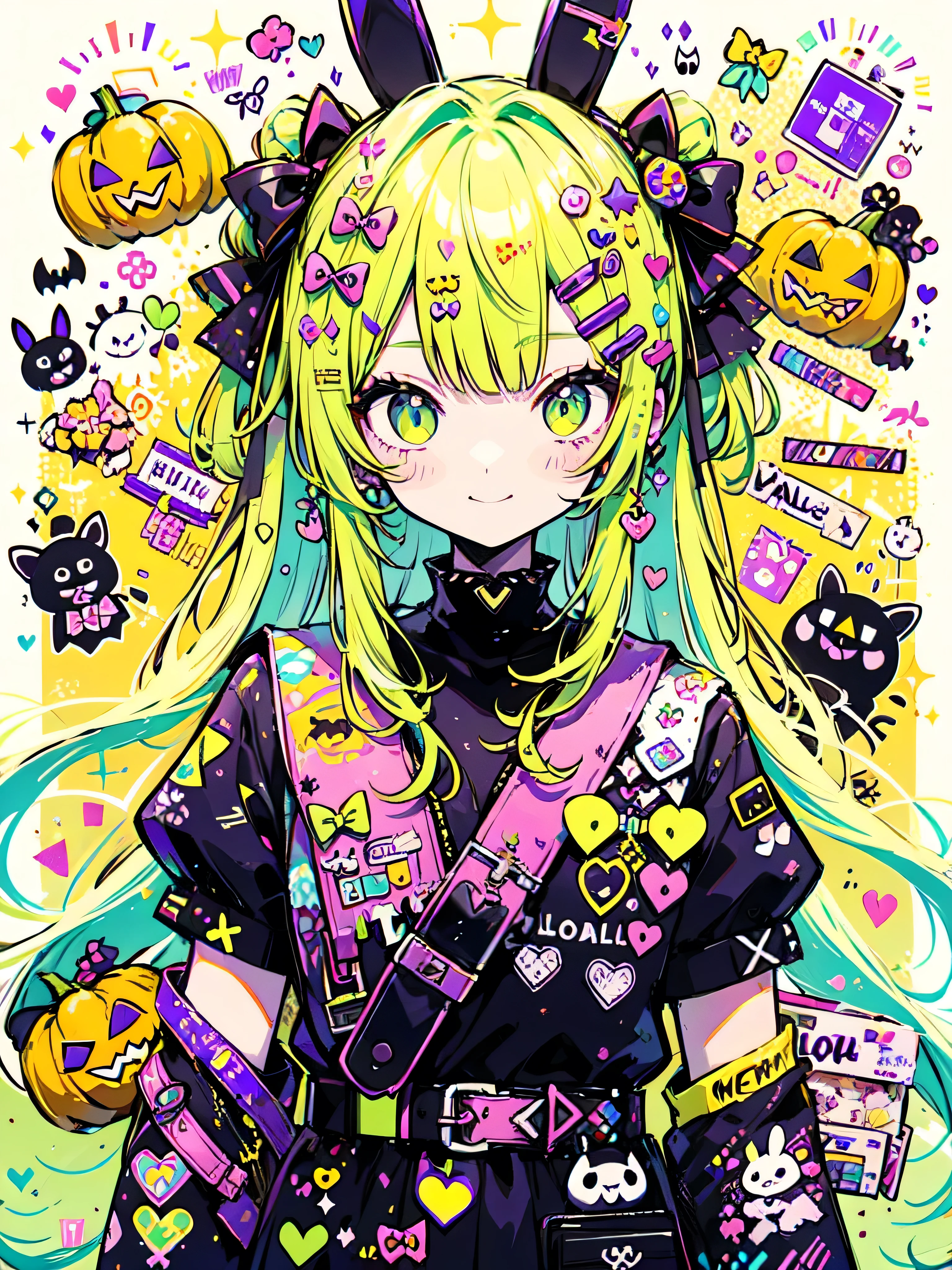 halloween theme, "kawaii, Cute orenge bunny girl in cute smile with teeth and holdinga halloween candy, poser, Adorable girl in orenge, neon orenge black, and baby lime color scheme. She wears halloween-themed clothing. Her outfit is fluffy and soft, With decora accessories like hair clips. She embodies a vibrant and trendy Harajuku fashion style."
