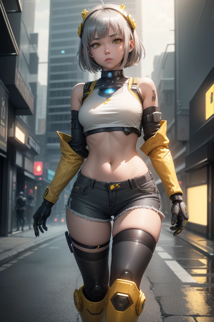 1girl, Female robot, superheroine, android girl, teenager, (((gray robotic body))), ((jean mini shorts)), ((White top)), ((yellow shinning core in the chest)), (gray boots), pale skin, (shinning yellow eyes), ((gray short shoulder length hair)), wide hips, thick thighs, narrow waist, ((walking down a street)), ((futuristic city background)), (at night), (((only one character))), (((alone))), (((solo)))