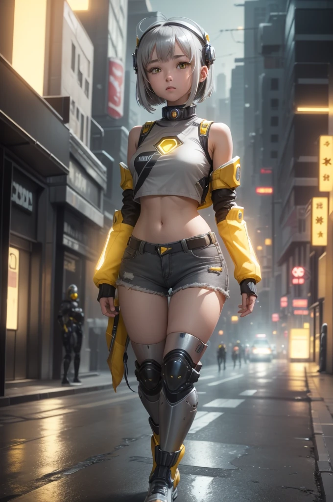 1girl, Female robot, superheroine, android girl, teenager, (((gray robotic body))), ((jean mini shorts)), ((White top)), ((yellow shinning core in the chest)), (gray boots), pale skin, (shinning yellow eyes), ((gray short shoulder length hair)), wide hips, thick thighs, narrow waist, ((walking down a street)), ((futuristic city background)), (at night), (((only one character))), (((alone))), (((solo)))