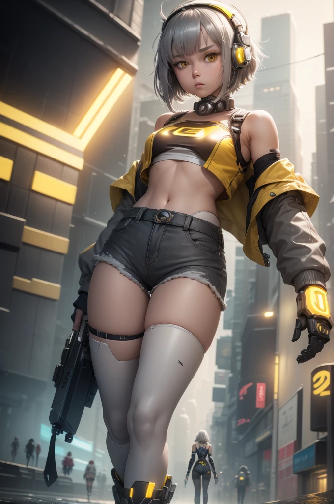 1girl, Female robot, superheroine, android girl, teenager, (((gray robotic body))), ((jean mini shorts)), ((White top)), ((yellow shinning core in the chest)), (gray boots), pale skin, (shinning yellow eyes), ((gray short shoulder length hair)), wide hips, thick thighs, narrow waist, ((walking down a street)), ((futuristic city background)), (at night), (((only one character))), (((alone))), (((solo)))