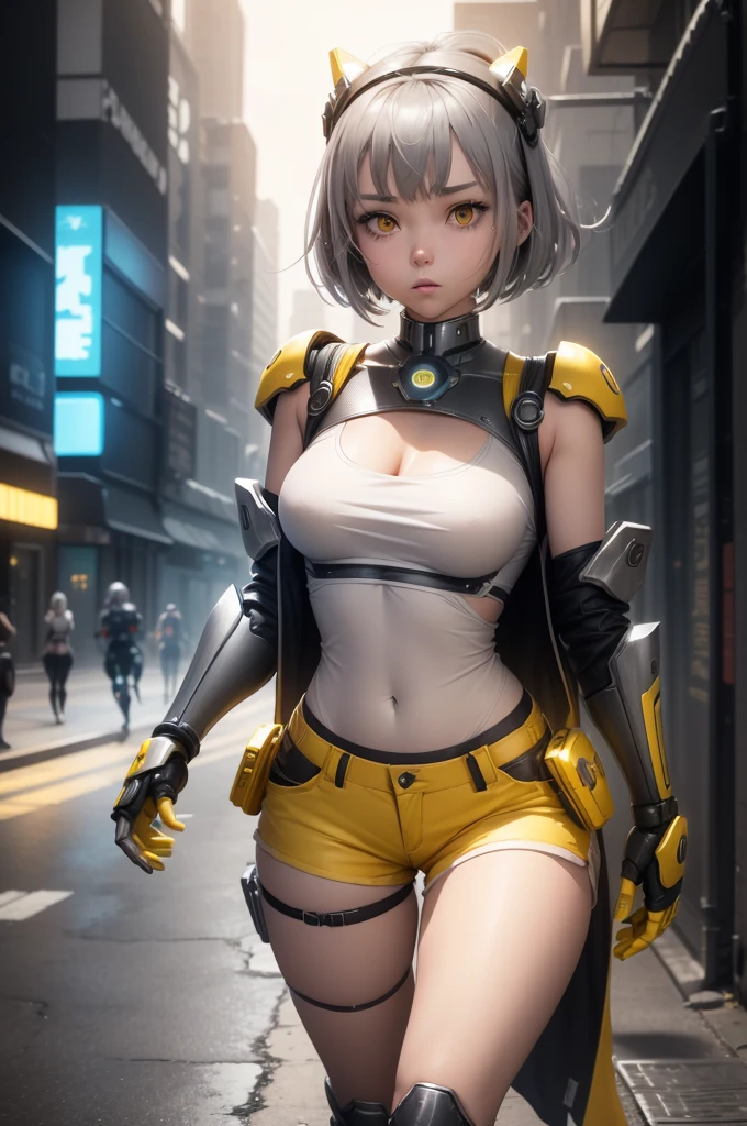 1girl, Female robot, superheroine, android girl, ager, (((gray robotic body))), ((jean mini shorts)), ((White top)), ((yellow shinning core in the chest)), (gray boots), pale skin, (shinning yellow eyes), ((gray short shoulder length hair)), wide hips, thick thighs, narrow waist, ((walking down a street)), ((futuristic city background)), (at night), (((only one character))), (((alone))), (((solo)))
