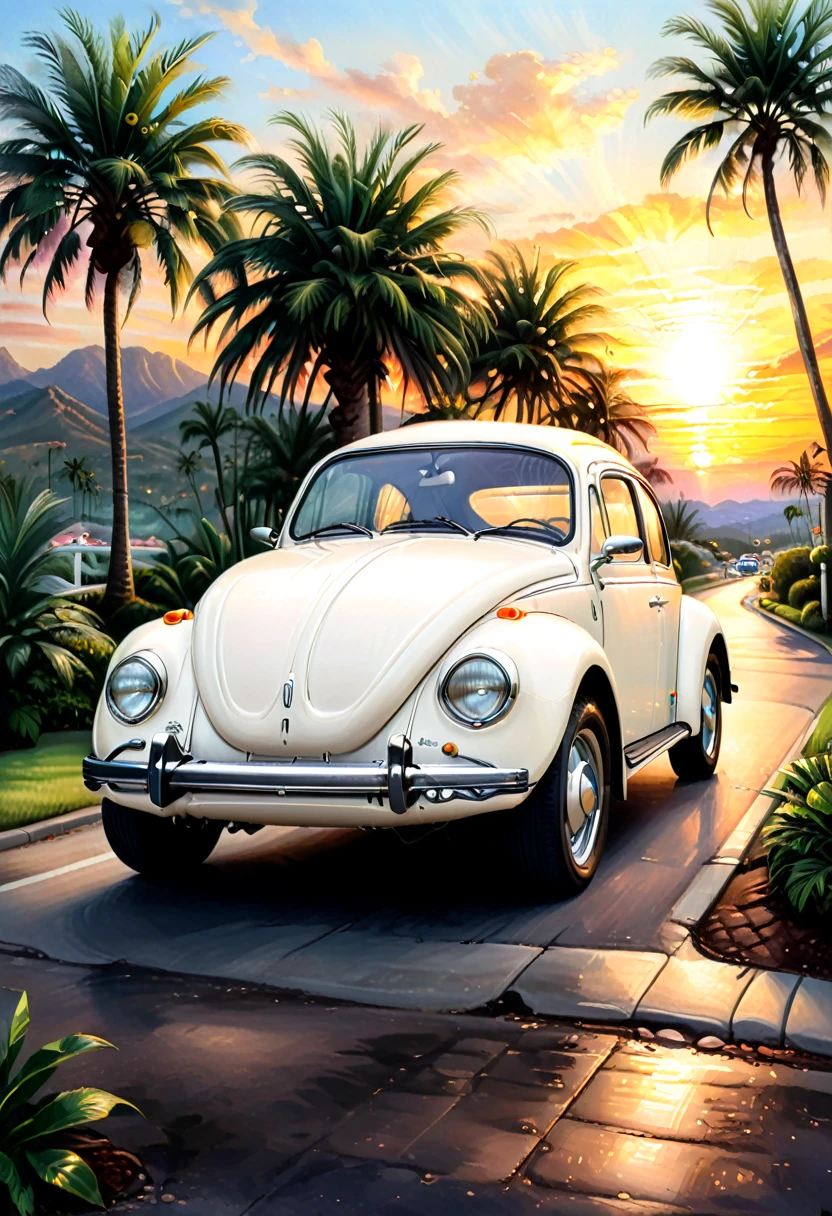 Vintage car, white beetle, a realistic image of a classic Volkswagen Beetle car. High quality ( perfect anatomy ) Extremely detailed, realistic, delicate, high quality
Background, sunset glow, countryside street scene, palm trees, high resolution, masterpiece, super detailed, realistic, exquisite, fresh and elegant aesthetic style airbrush digital oil painting exquisite artwork