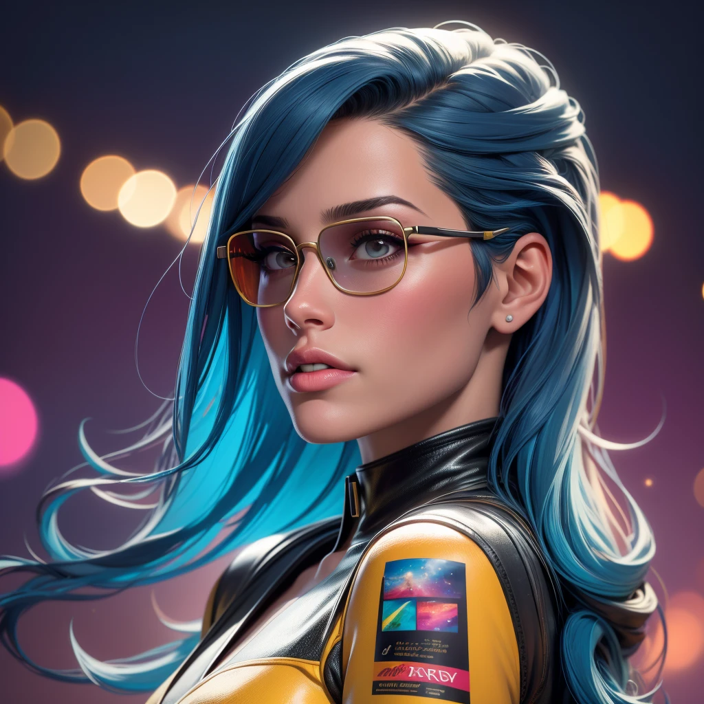 A beautiful young woman in profile view, head to shoulders, wearing colorful 60s, 70s, 80s style sunglasses, with a speech bubble, set against a cosmic galaxy background, (best quality,4k,8k,highres,masterpiece:1.2),ultra-detailed,(realistic,photorealistic,photo-realistic:1.37),HDR,UHD,studio lighting,ultra-fine painting,sharp focus,physically-based rendering,extreme detail description,professional,vivid colors,bokeh,portrait