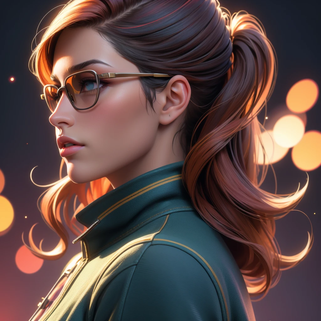 A beautiful young woman in profile view, head to shoulders, wearing colorful 60s, 70s, 80s style sunglasses, with a speech bubble, set against a cosmic galaxy background, (best quality,4k,8k,highres,masterpiece:1.2),ultra-detailed,(realistic,photorealistic,photo-realistic:1.37),HDR,UHD,studio lighting,ultra-fine painting,sharp focus,physically-based rendering,extreme detail description,professional,vivid colors,bokeh,portrait