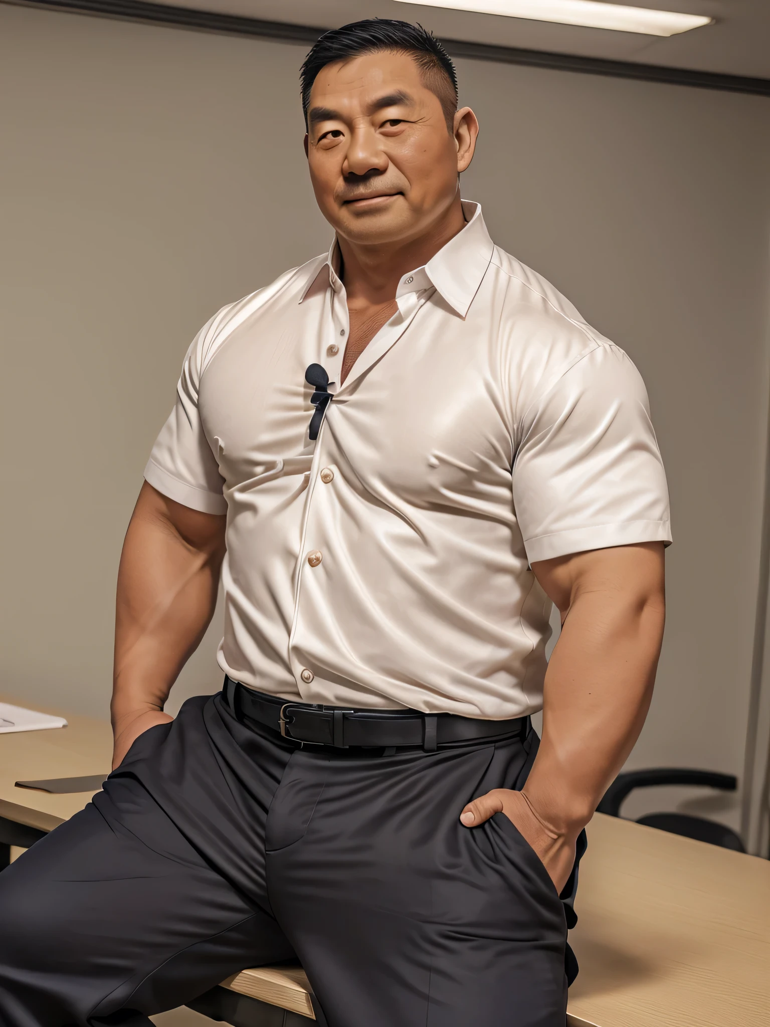 4k quality, old male, Chinese old man, China face, massive pec, strong muscles, big belly, black hair, math teacher, wearing white shirtshirt tucked into trousers, tie,belt, heat, sweat stains, sweat all over, shame, grey gloomtache, massive pec, blush, satisfied looking, sitting, holding a conference, class roomwearing navy black nylon sexy socks,