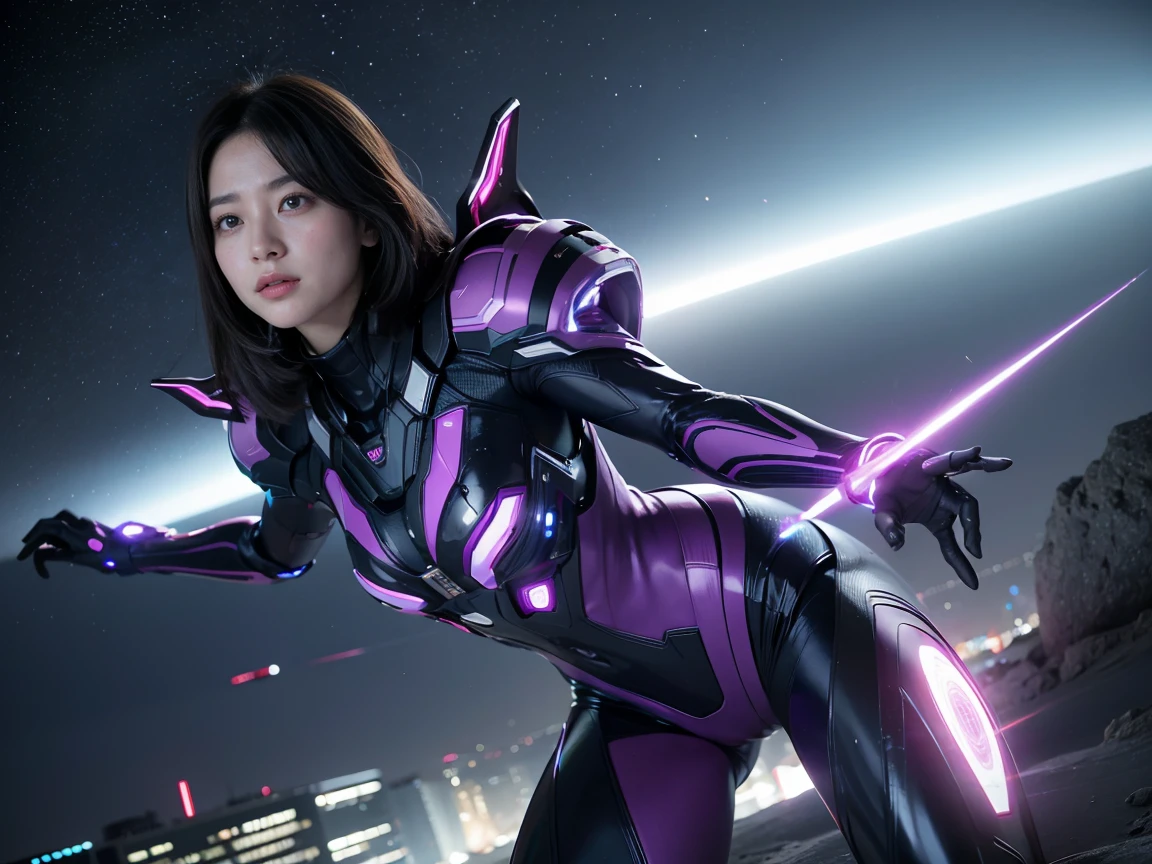 (RAW Photos, Highest quality), (Realistic, Photorealistic:1.3), 1 person、Realisticbody、Purple battle costume、Meteor warrior flying from space、Fight against the octopus aliens、Octopus、Shielded Reflector Laser、smile、