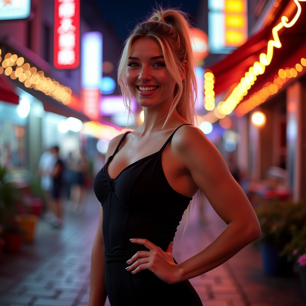 Blonde 24 year old smilling , ponytail hair ,wearing a sexy black dress with slightly larger breasts