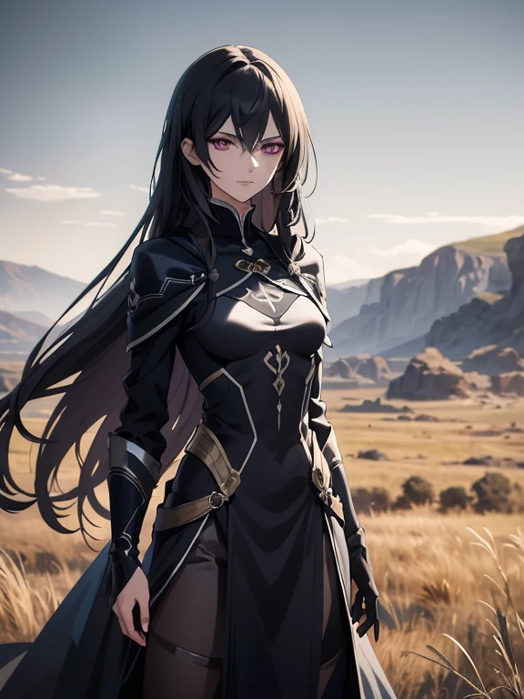 (Confused, high resolution, very detailed), 1 woman, black hair,long hair,Crimson eyes,Blue and black battle clothes,24th generation,beauty,mature,thin,quiet,careful,small smile,Long cloak,Slender and thin,skinny pants,grassland,hill,huge_breasts, purple eyes, Eye shape precisely