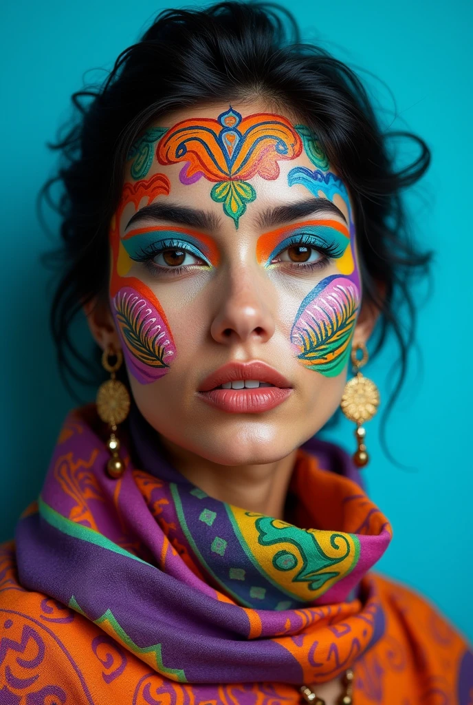 An exquisite artistic portrait featuring a Mexican woman with her face and head adorned in vibrant, intricate body paint. The orchaid and abstract patterns are beautifully interwoven, with bold colors such as bright blue, Orange, purple, and Lenon green accentuating her facial features. A stunning, colorful scarf drapes around her neck, complementing the patterns on her face. The background is a gradient, bright blue that vividly enhances the colors of her makeup and attire. The overall composition exudes a sense of cultural celebration and artistic expression, making it a true visual feast.