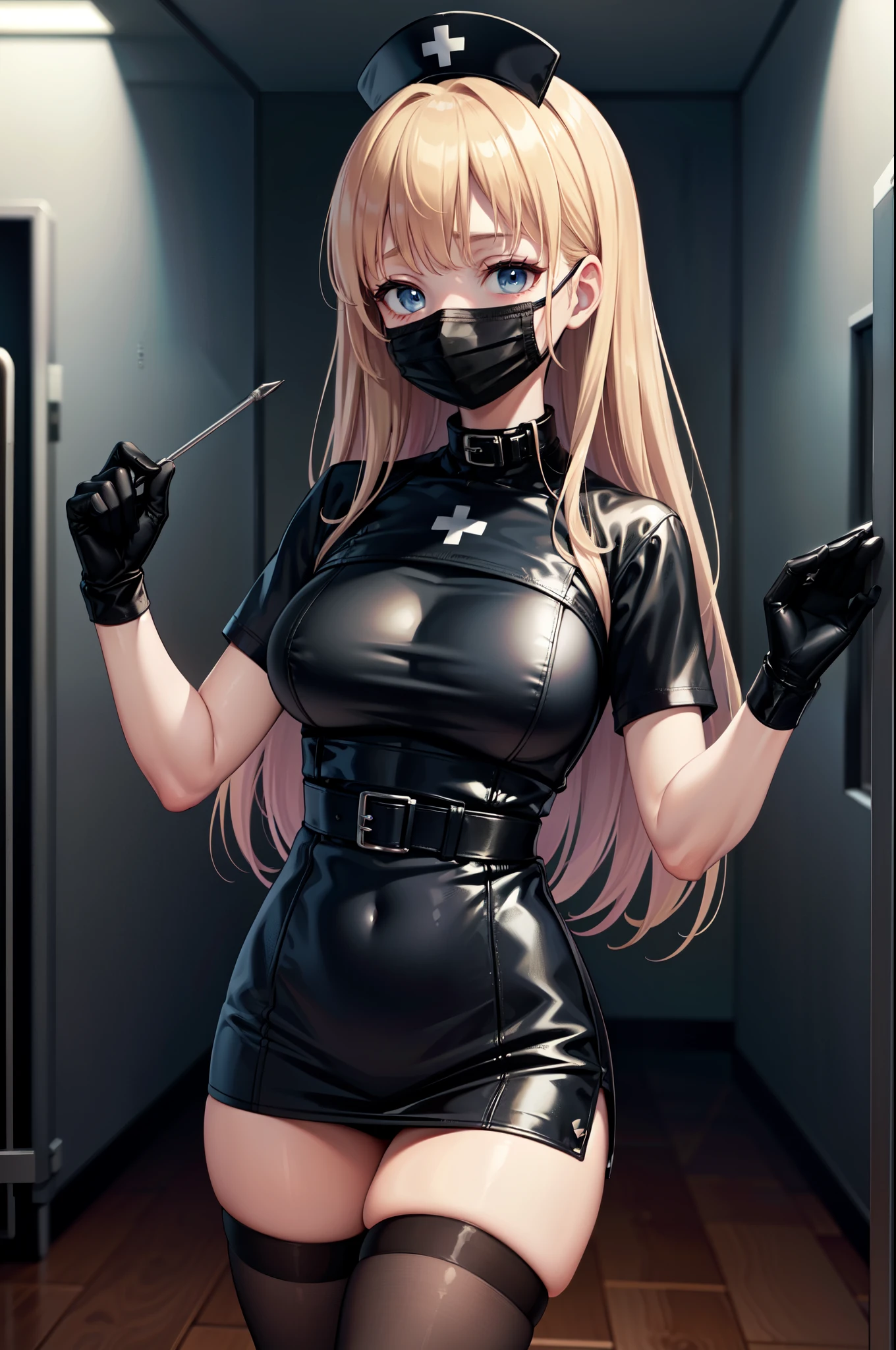 black nurse, 1woman, solo, black nurse cap, black nurse uniform, ((black legwear, zettai ryouiki)), black elbow gloves, blonde hair, blue eyes, ((black surgical mask, covered nose)), standing, ((surgery room)), sharp outline, short sleeves, mature female, 35 years old, best quality, masterpiece