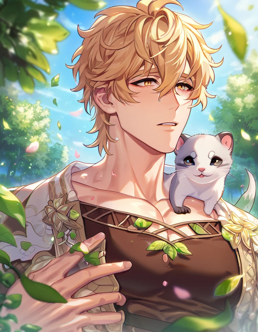 absurdres, highres, ultra detailed, HDR, master piece, best quality, extremely detailed, detailed eyes, Quincy, blonde hair, messy hair, hair between the eyes, expressive amber eyes, Nu Carnival, solo, sexy man, horny, lewd, handsome, fantasy, dark brown tunic with lacing exposing his chest, spring, flowers, green leaves, magical forest, dark fantasy, blue sky, cute small ferret on his shoulder 