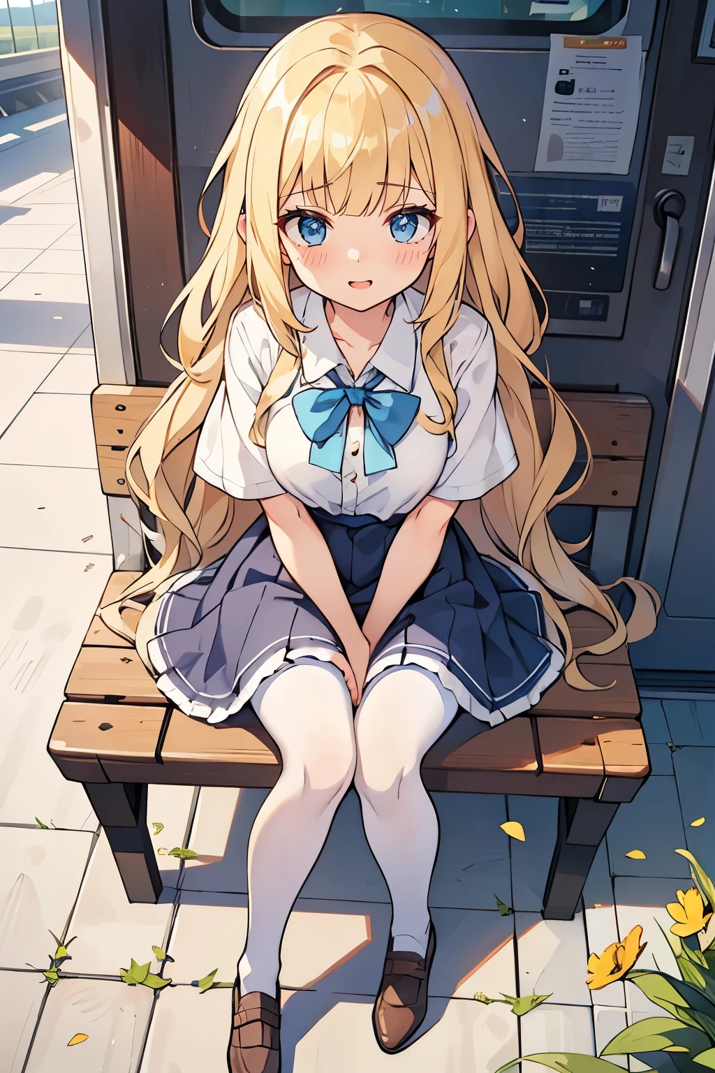 Young adult girl, best quality, 1 girl, female figure, yellow hair, blunt bangs, extra long hair, crystal blue eyes, golden blonde hair, voluminous hair, disheveled wavy hair, cute girl, (medium small breasts), (young female body: 1.4) sitting crossed legs, crossed legs, embarrassed girl, looking from above, face looking up, pressing legs together, humiliated expression , insecure, school unifrom, train station, sitting, hands in lap, white pantyhose, going on a field trip