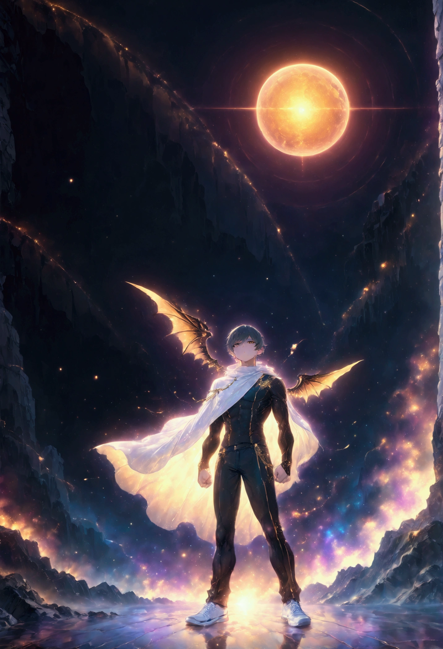 Anime-style illustration, high qualiy, conceptual artwork, clear image, digitalpainting, trends on ArtStation and Pixiv. The scene has a low-angle perspective, showing 1 man and 1 boy in full view, adult version, Child version, are separate, center cut from top to bottom, as if breaking the space, thus shaping two different terrains. The man has 1,52 tall, the child is five years old, back to back. The background shows sunset with a cloudy sky, with natural, orange lighting, o terreno contrasta entre nuvens nubladas que rodeiam a adult version, um terreno vegetal que rodeia a Child version (boy does not have Wings), film set. Male characters with identical appearance: Anatomical Bodies, skin tanned, golden eyes with red tones, curly black hair with green bangs that reach the eyes. or adult, a Fallen Angel with an athletic physique, is in an upright pose, with his back slightly arched and his arms at his sides, looking with an expressionless expression at its smaller version of the sky, his wings in full display. Wears tight lingerie clothing, made of black fabric with gold lines, designed with an opening on the back to accommodate its beautiful pair of large and detailed wings, with stunning dark feathers. The boy is small, has a lean physique, is in a dynamic pose, with his right arm raised to the sky and fist clenched, while purple and blue-white magic shines intensely around her. Your expression is stern, with eyebrows furrowed in deep concentration. He wears loose clothes for the cold: beige pants fitted, golden regatta, Sporty white sneakers, with a white velvet cloak firmly covering it, besides a necklace with a shining sapphire exposed on its chest. An illusory pentagram arises on the ground near the boy's feet, lights shine with symbols of light and darkness.