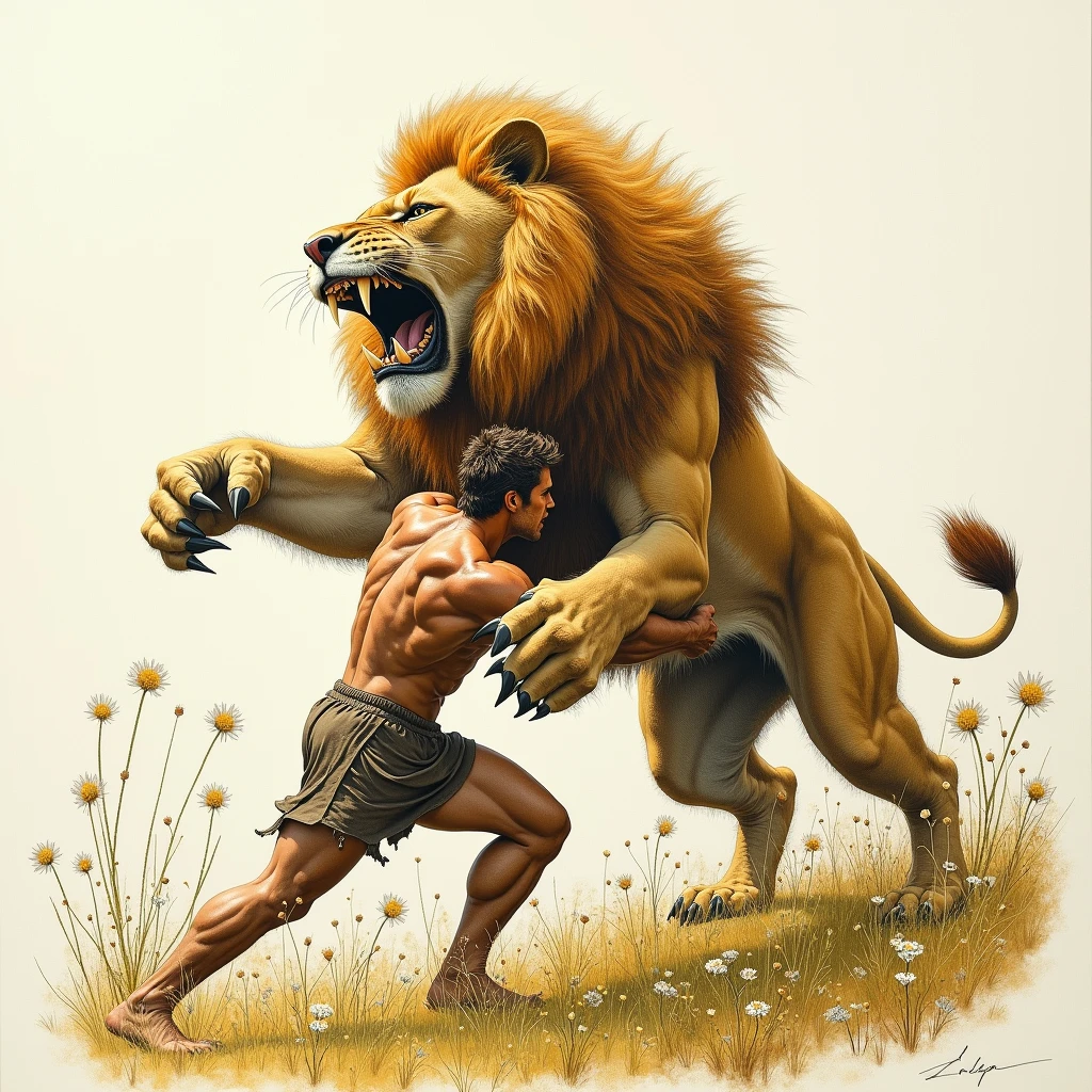 Hercules wrestling with an enraged lion, field with grass, pencil drawing